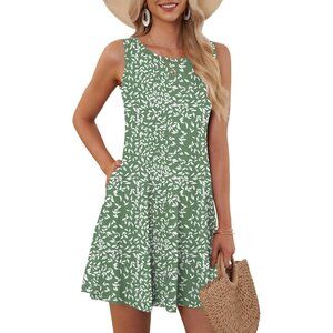 Women's Flyleaf Olive Sleeveless Crew Neck Summer Boho Beach Dress with Pockets